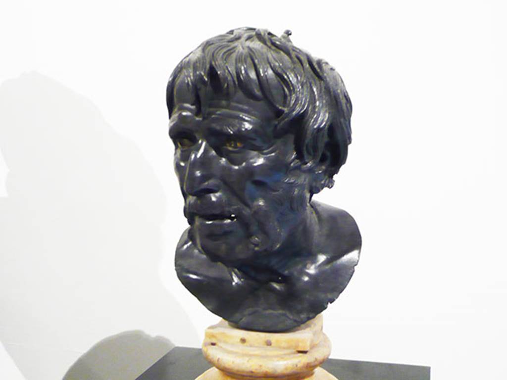 Villa dei Papiri, Herculaneum. Marble statue of Pseudo Seneca.
Found in 1754, south side between the portico and the pond.
Now in Naples Archaeological Museum. Inventory number 5616.
Photo courtesy of Buzz Ferebee.